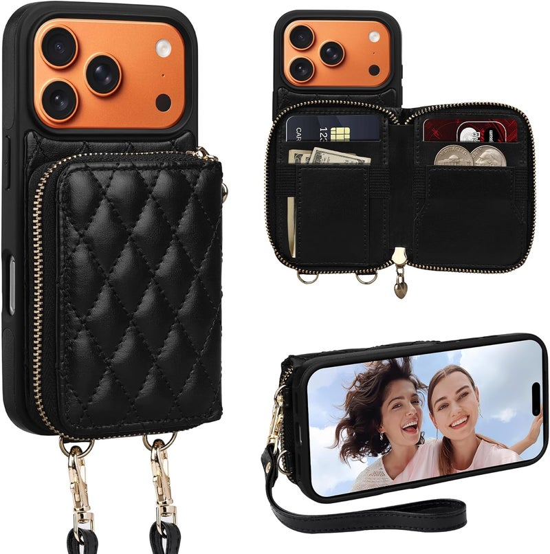 Keallce Case for iPhone 17 Pro 6.3'' Wallet Case, Crossbody Zipper Purse with Wrist Strap Handbag, RFID Blocking Card Holders, Lanyard Kickstand Flip Leather Phone Cover for iPhone 17 Pro, Black - Image 1